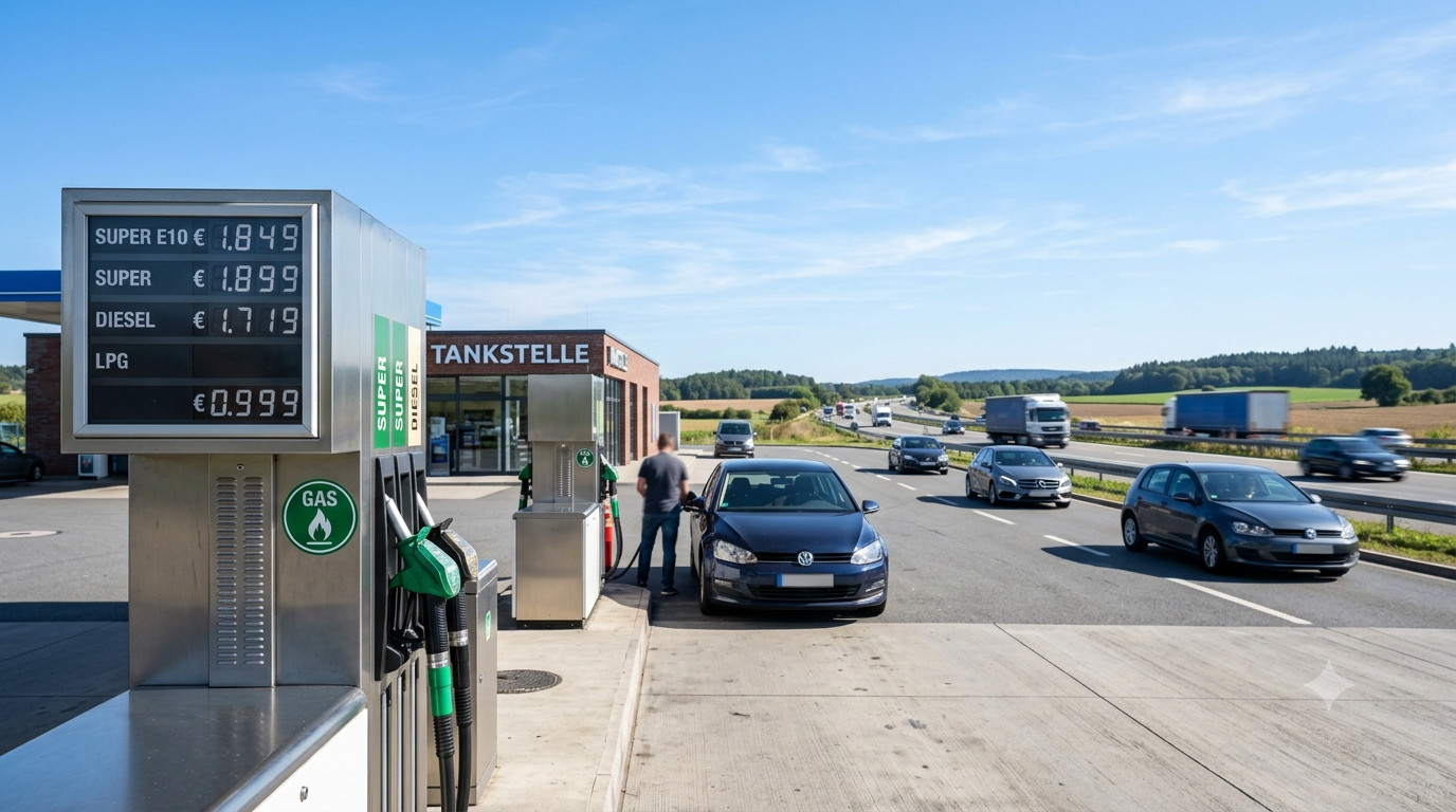 Autogas-Tankstellennetz: Zapfsäule an einer Autobahntankstelle bei Tageslicht