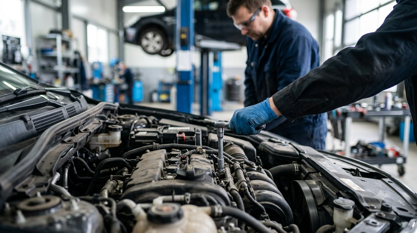 Werkstattkosten Autogas: Mechaniker prüft Motorraum in der Werkstatt