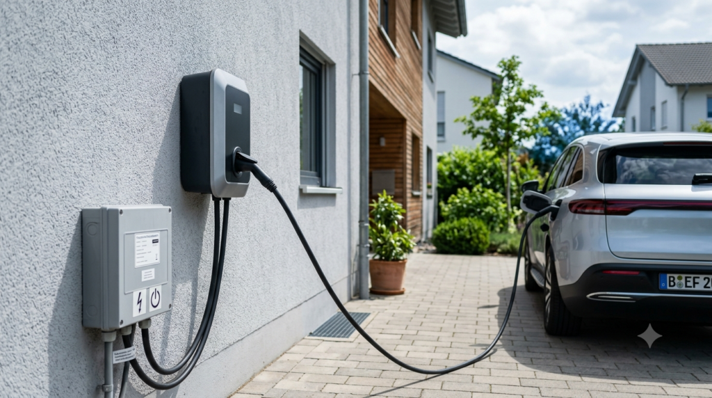 Bidirektionales Laden V2H: Wallbox am Haus lädt Elektroauto und speist Strom zurück