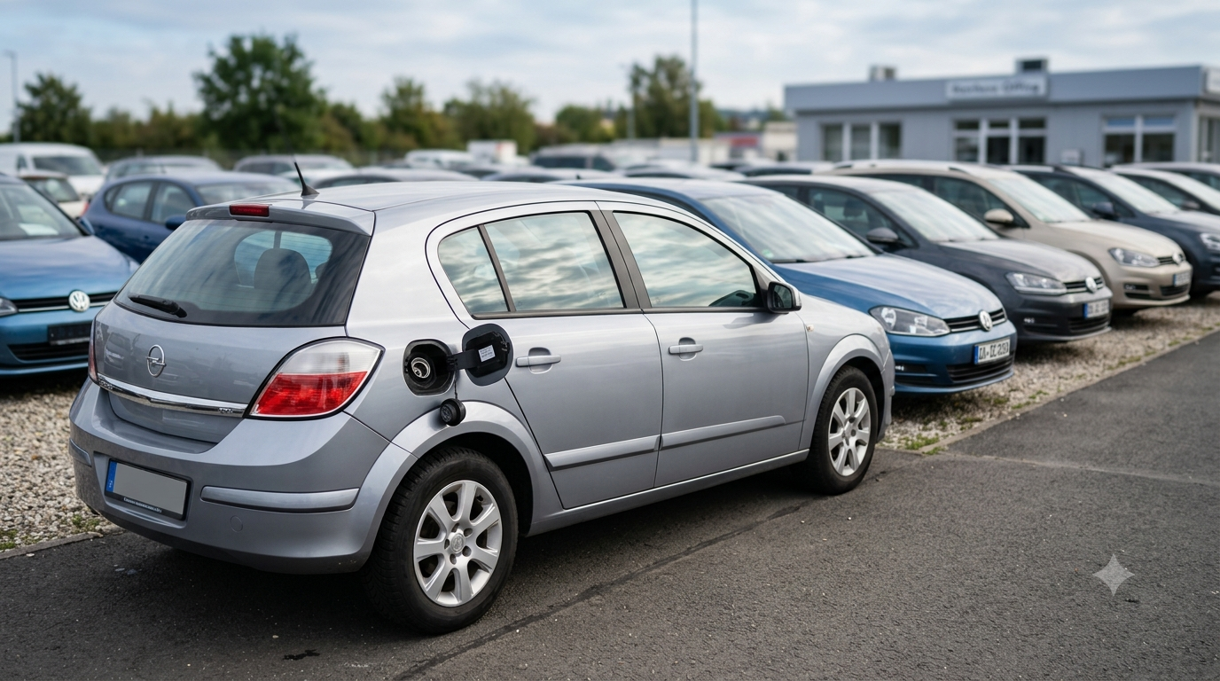 Gebrauchtwagen mit Autogas-Anlage kaufen: Fahrzeug mit LPG-Tankdeckel auf Gebrauchtwagenhof