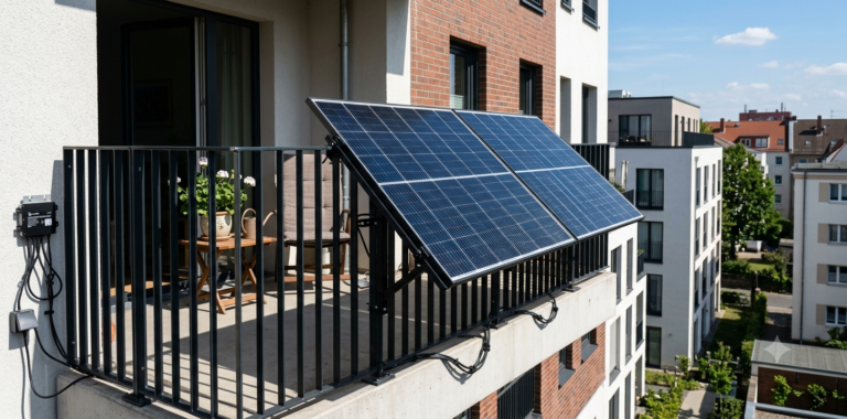 Balkonkraftwerk Amortisation: Solarmodule an einem Balkongeländer eines Wohnhauses