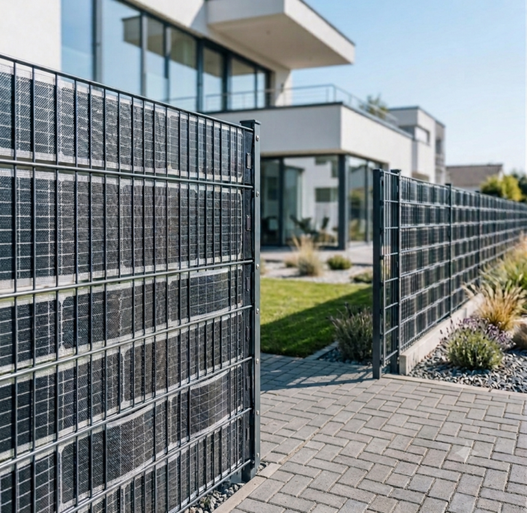 Solarzaun Amortisation: Photovoltaik-Module in einem Doppelstabmattenzaun vor einem modernen Einfamilienhaus