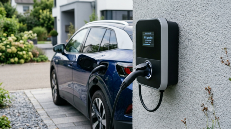 Wallbox an der Hauswand: Ladestation fuer das Elektroauto