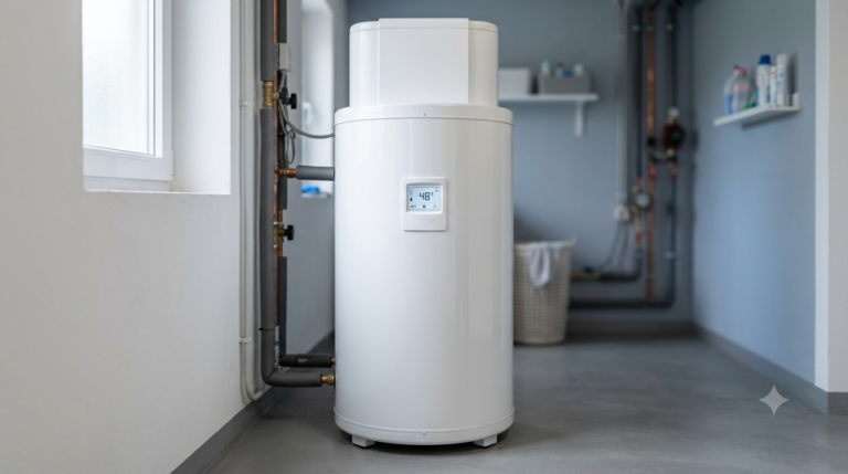 Warmwasser-Wärmepumpe als Standspeicher im Hauswirtschaftsraum