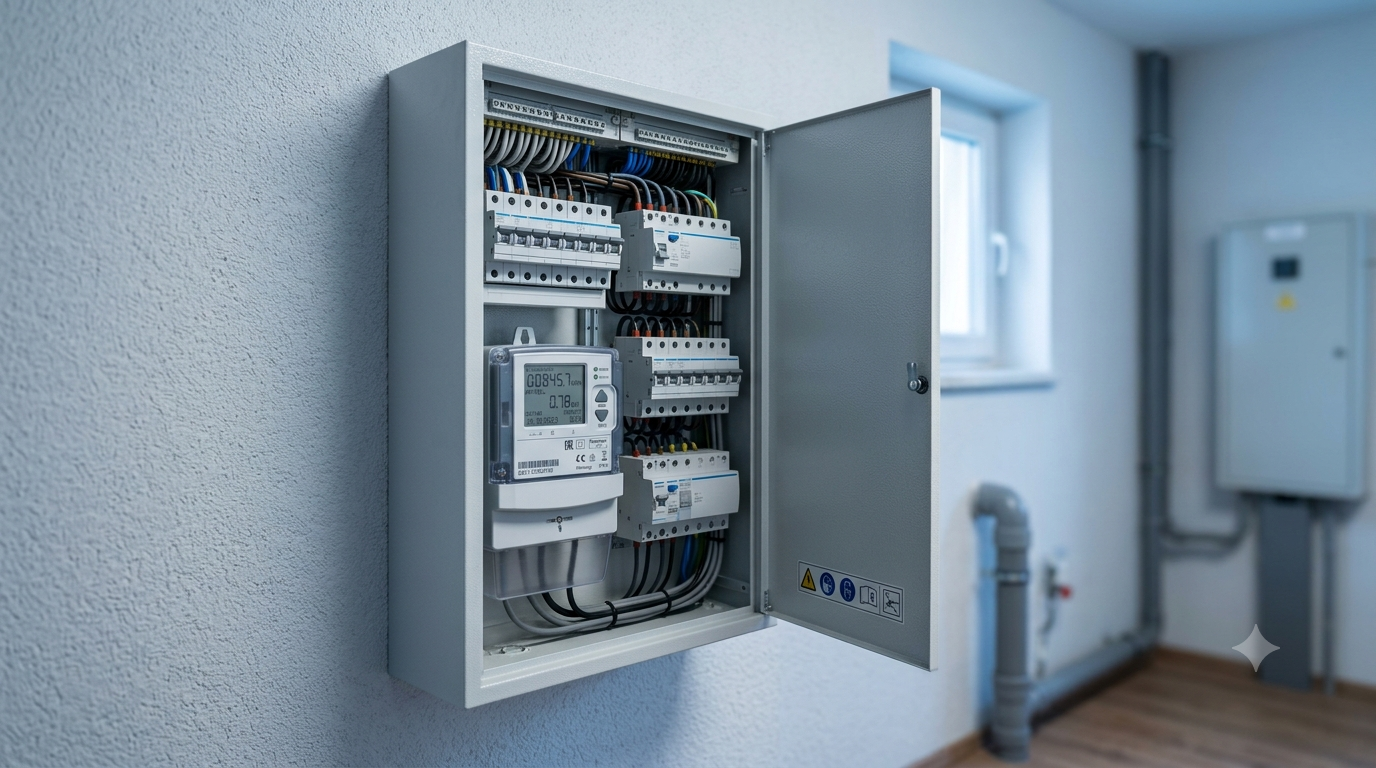 Wärmepumpe vs. Gasheizung: Zählerschrank im Hausanschlussraum zur Stromverbrauchsmessung