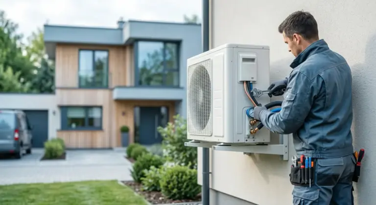 Handwerker montiert eine Split-Klimaanlagen-Außeneinheit an der Hausfassade, Klimaanlage nachrüsten