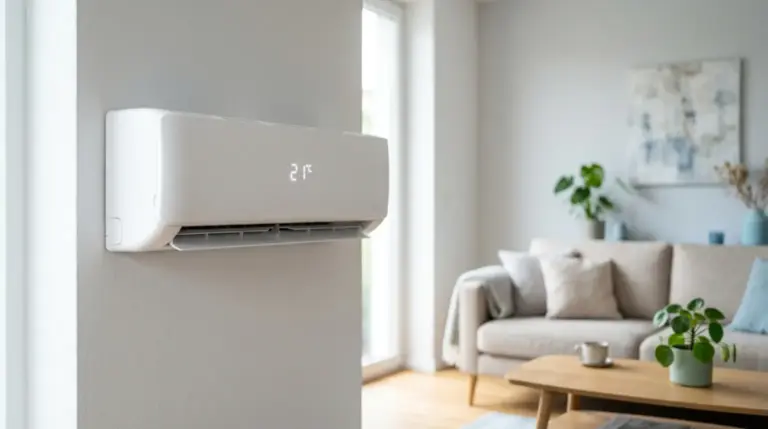 Split-Klimaanlage Innengerät mit Display an der Wohnzimmerwand, Symbolbild für den Vergleich Klimaanlage oder Wärmepumpe