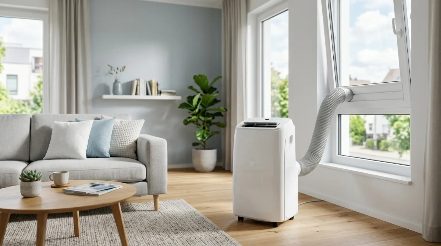 Mobiles Klimagerät im Wohnzimmer mit Abluftschlauch am gekippten Fenster, ein Faktor bei den Klimaanlage Stromkosten