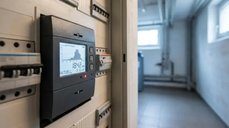 Digitaler Stromzähler (Smart Meter) mit Verbrauchsanzeige im Zählerschrank, dynamischer Stromtarif